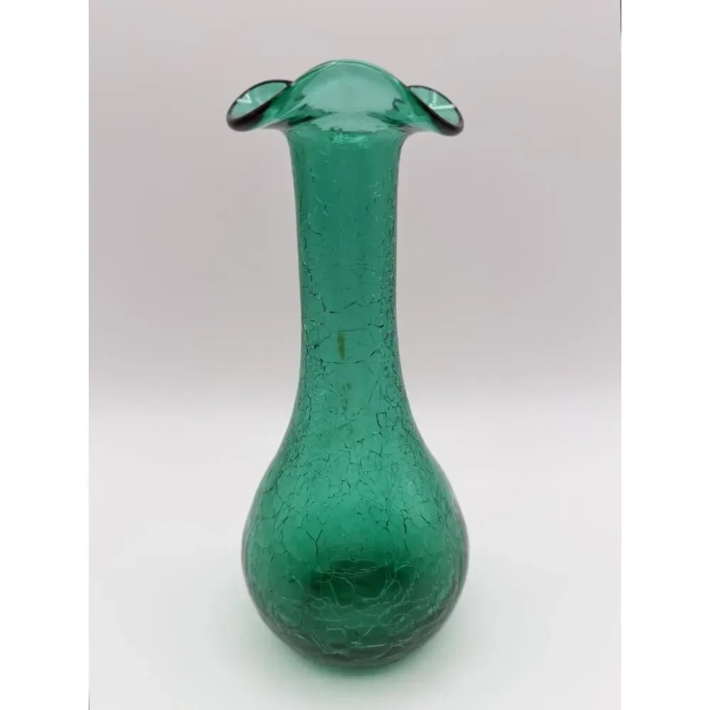 Hand Blown Emerald Green Crackle Glass Vase 7.5” Ruffled Rim Vintage Art Glass